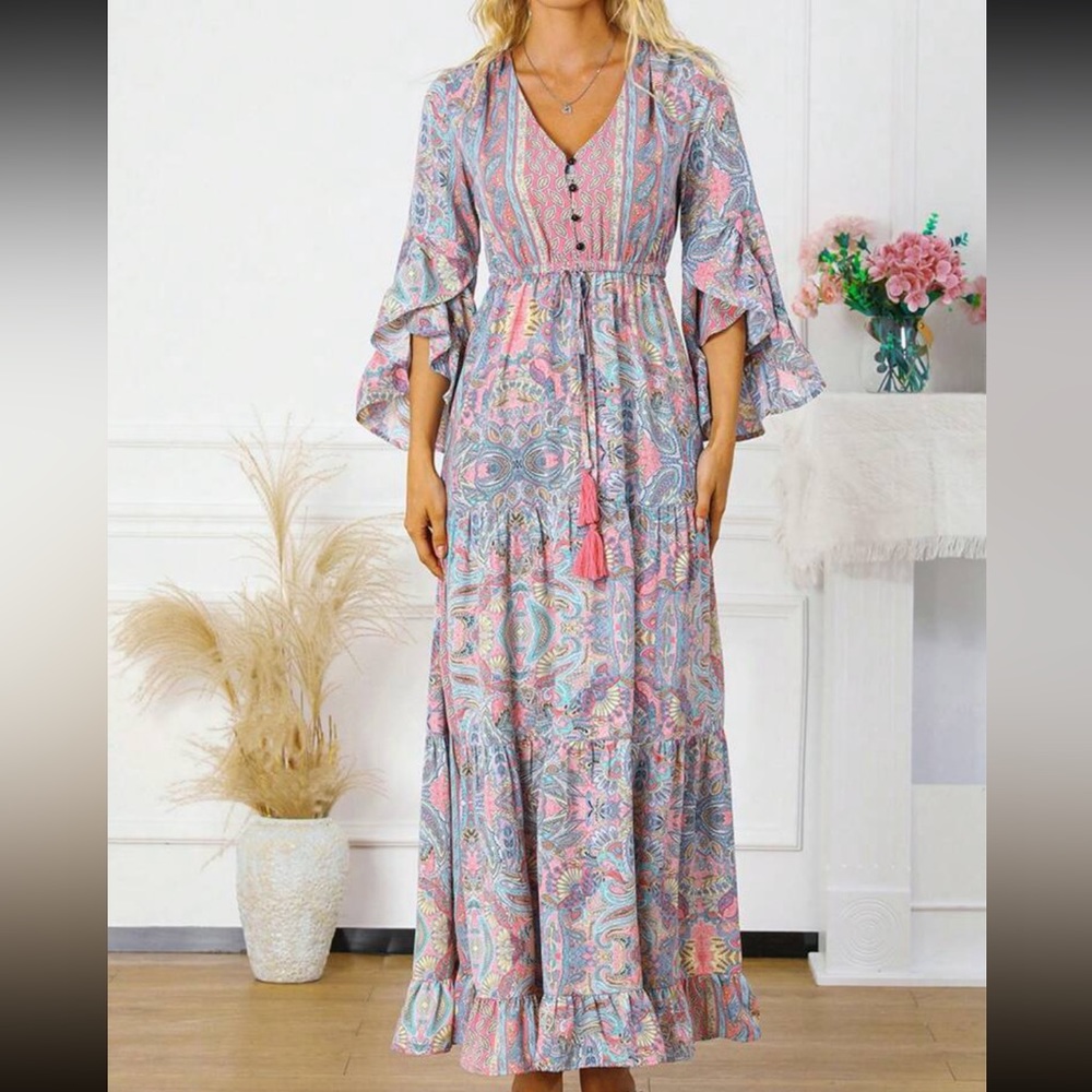 Boho Floral Print Paisley Flare Sleeve Ruffle Hem Maxi Dress - Picture 7 of 11